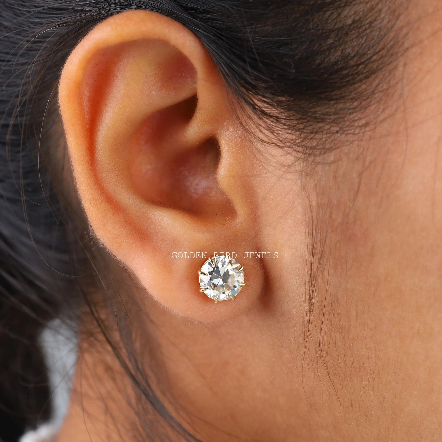 In Ear View Of moissanite Earrings in four prongs setting