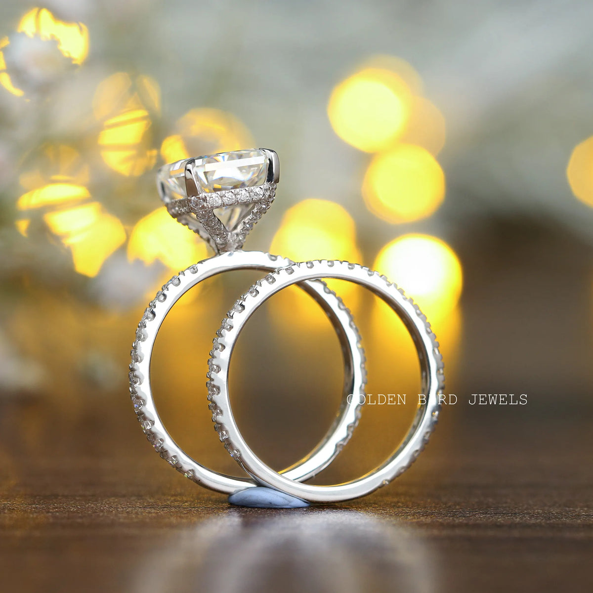 Back Side View Of Radiant Moissanite Hidden Halo Proposal Ring With Matching Eternity Band