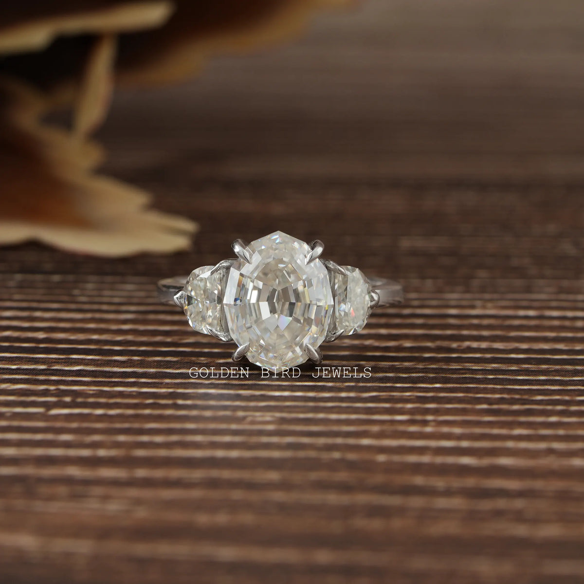 In front view of three stone engagement ring