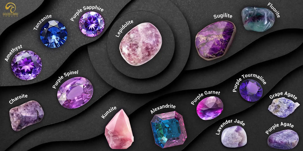 15 diffrent types of purple gemstones demonstrated with black grounds and their names written