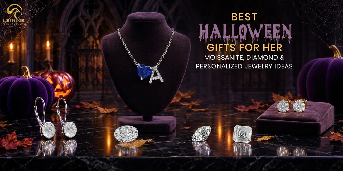 Moissanite and diamond jewelry gifts displayed with Halloween decorations