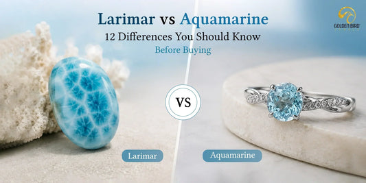 Blue Larimar gemstone placed beside white coral in a comparison with Aquamarine jewelry