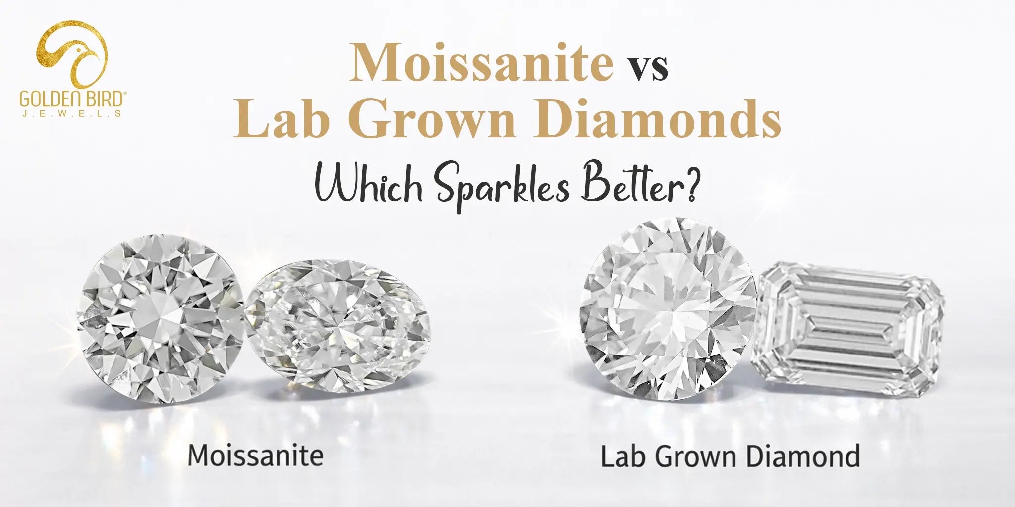 Close-up comparison of moissanite and lab grown diamonds in round and emerald cuts