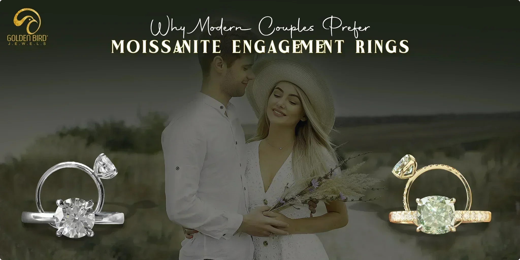 Modern couple with moissanite engagement rings in romantic outdoor setting