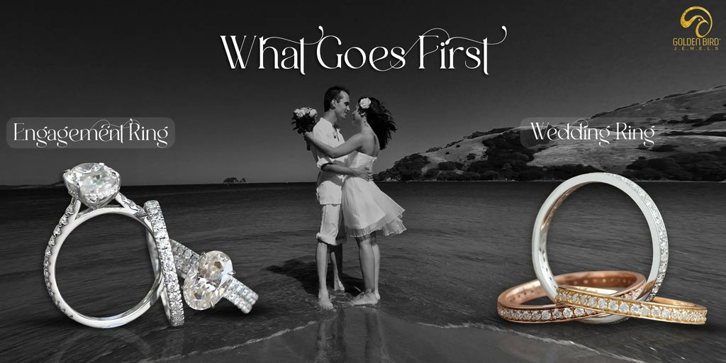 Image of engagement ring and wedding band with couple indulging in romance at the beach, [Text] Engagement ring and wedding band, whiich goes first