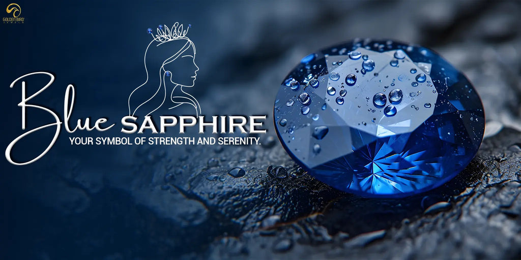 Blue Sapphire stone over black rock with rain drops on it, a lining portrait of lady with crown, text written- blue sapphire , your symbol of strength and serenity, with faded blue background