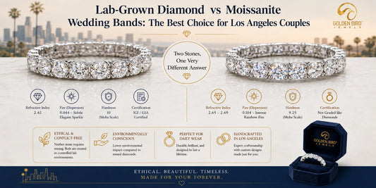 Compare lab grown diamond and moissanite wedding bands with insights on sparkle, hardness and everyday wear