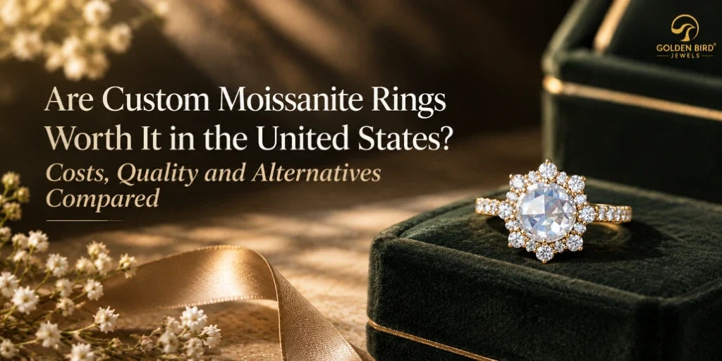 Custom moissanite ring with gold setting on a dark velvet jewelry box