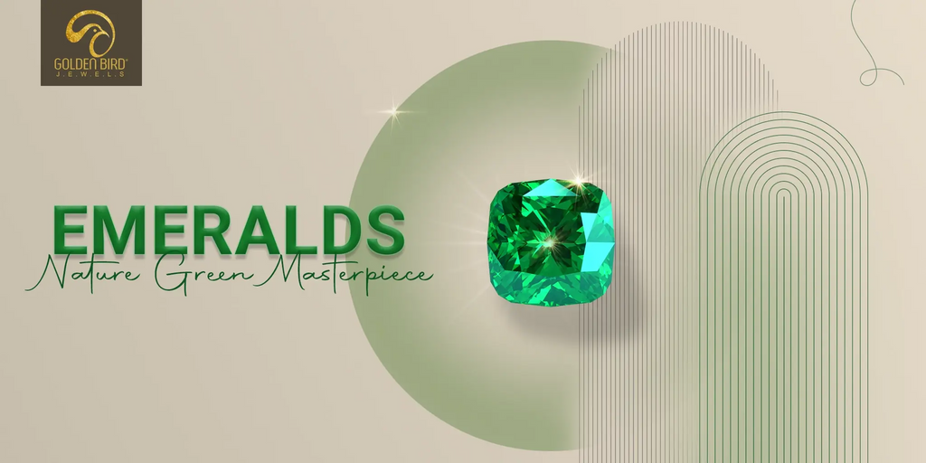 Emerald gemstone with minimalistic grey background equipped with elements like contarsting circles and lines