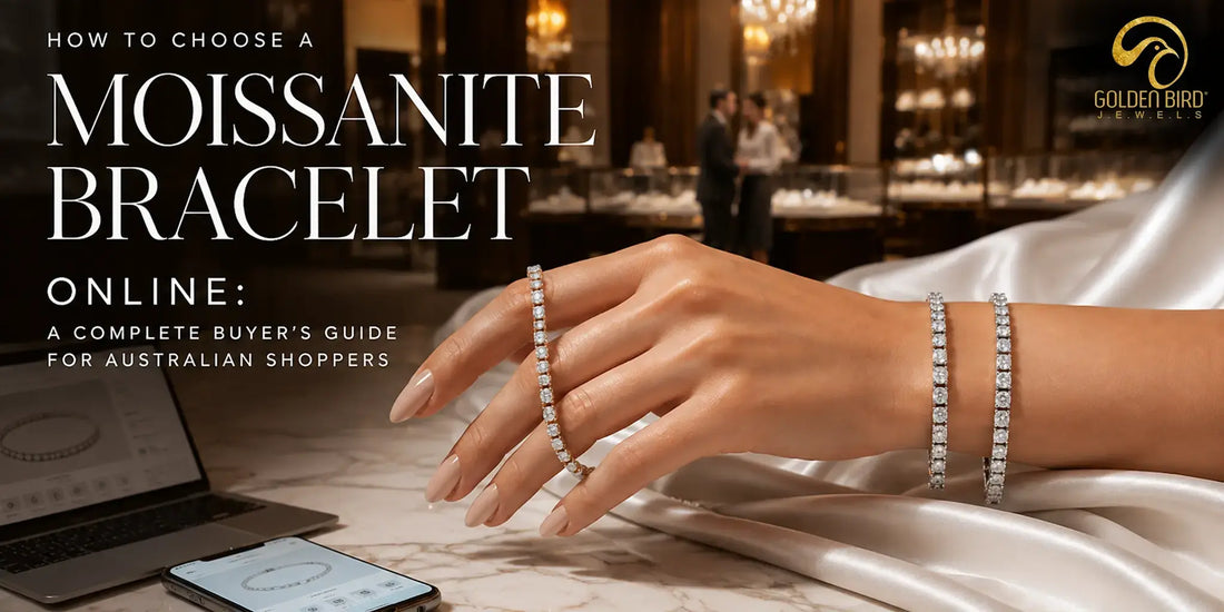 Woman wearing a moissanite tennis bracelet while shopping for jewellery online