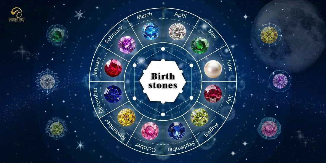 Circle of birthstones for all twelve months with celestial backgrounds where there is moon and stary sky
