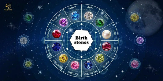 Circle of birthstones for all twelve months with celestial backgrounds where there is moon and stary sky