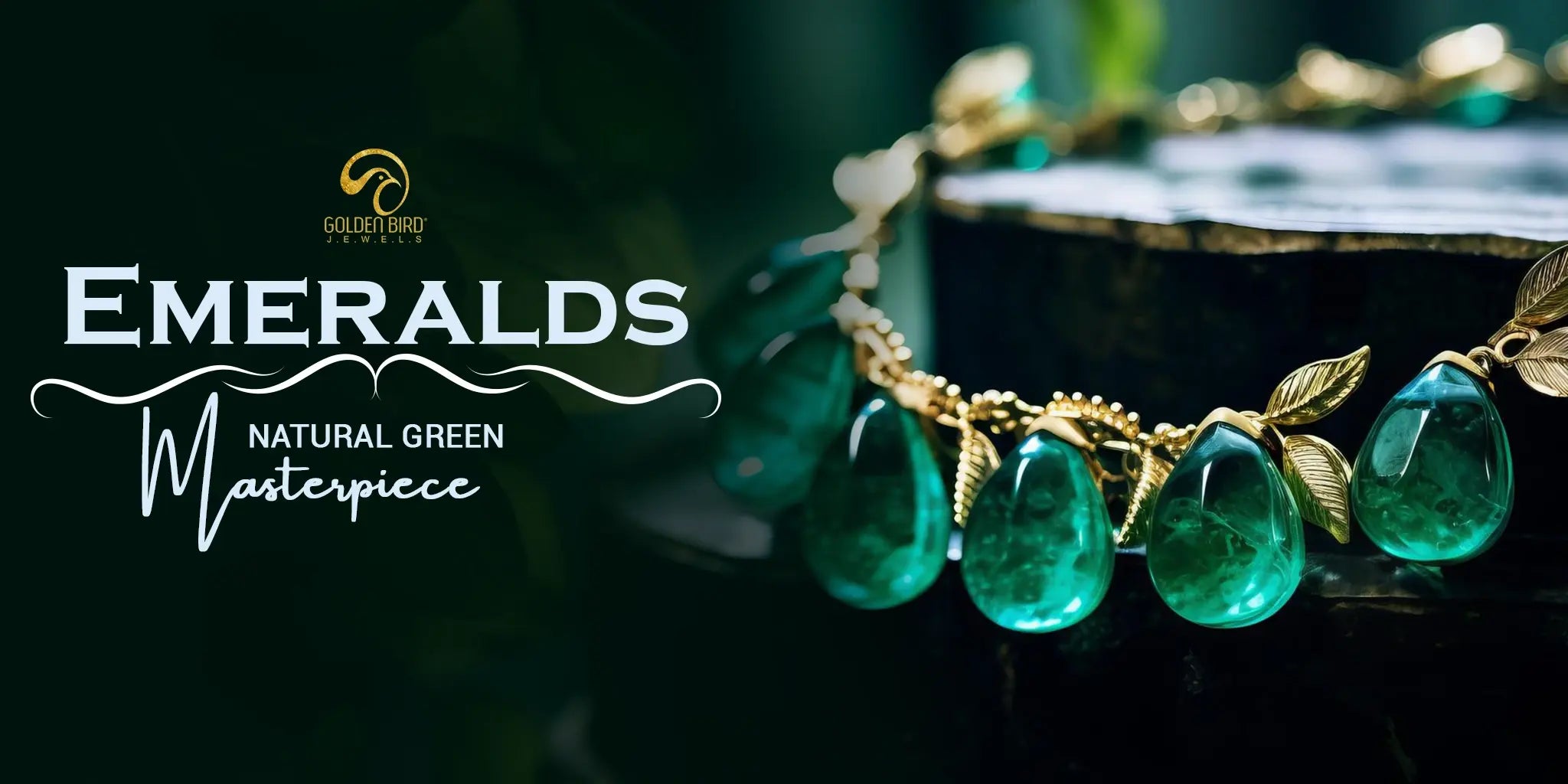 High resolution image of the necklace of pesr shaped emerald stones  wtoh smooth surface, hanging over black rock which is shinning from the top -[Text]- Emeralds, nature's green masterpiece-[Goldenbirdjewels]