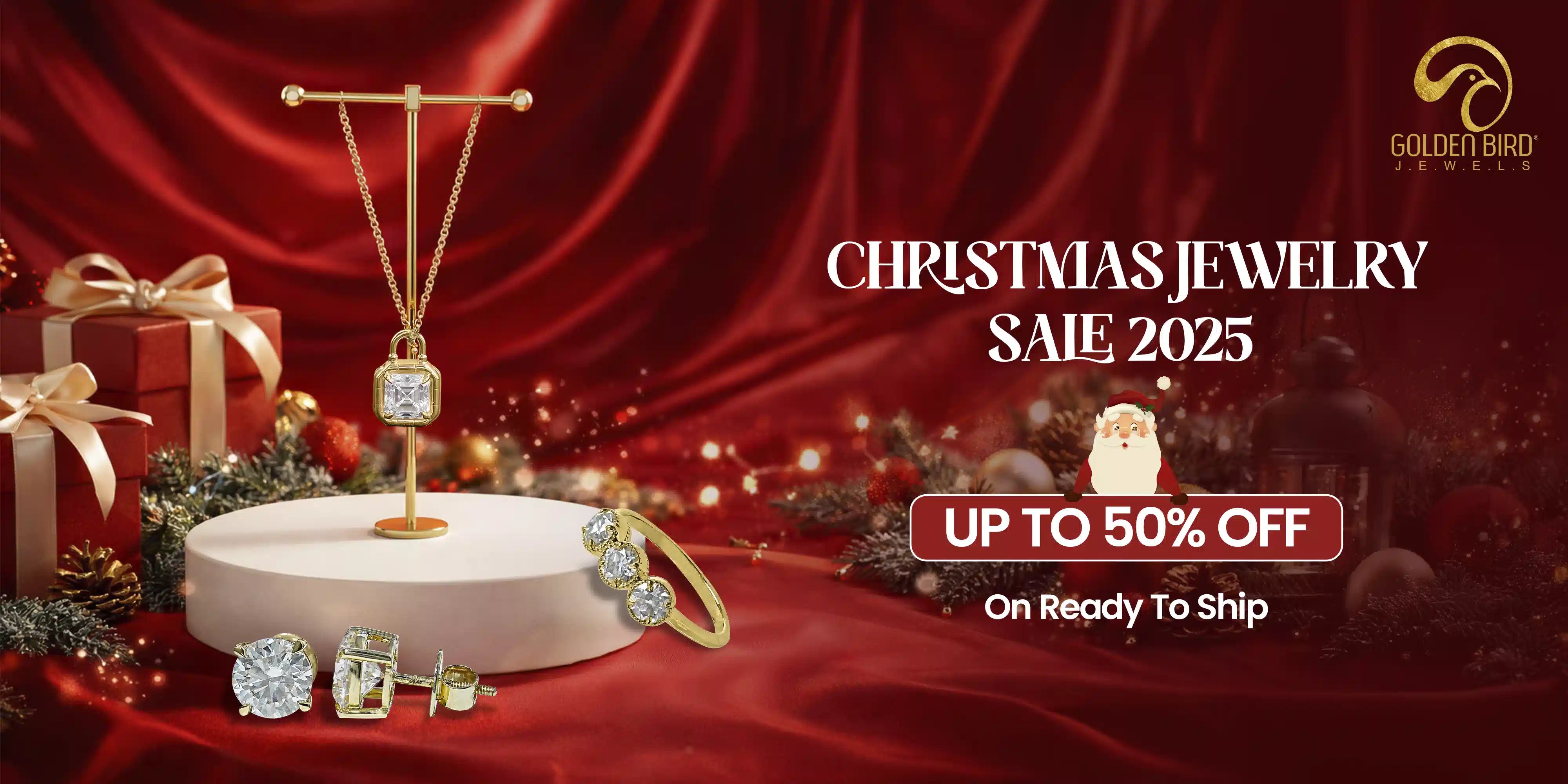 Christmas 2025 jewelry by Golden Bird Jewels: gold necklace, diamond earrings, gemstone ring, perfect holiday gift, up to 50% off.