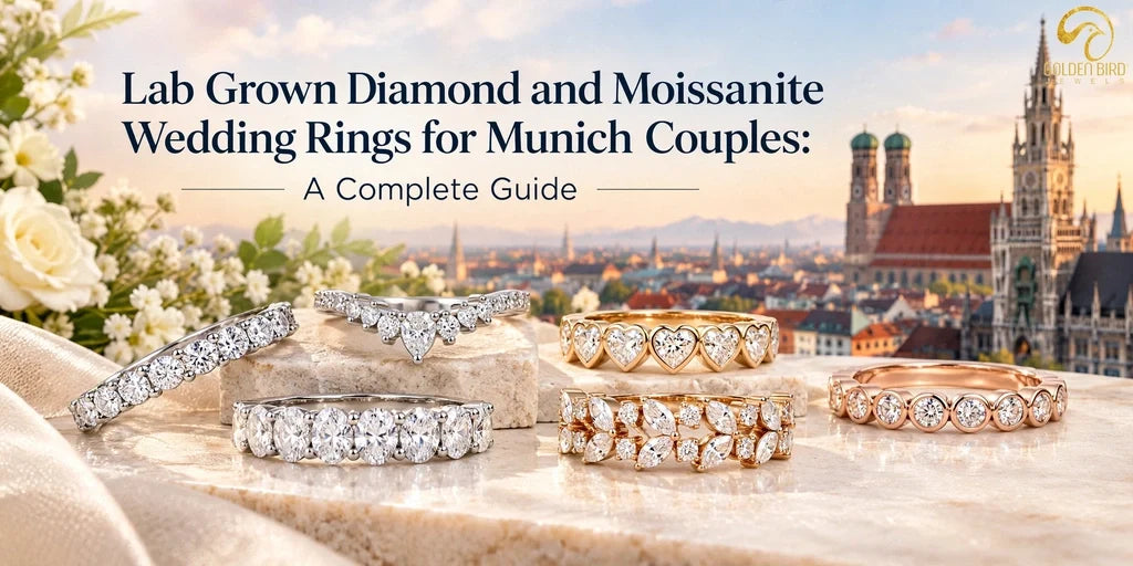 Lab grown diamond and moissanite wedding bands featuring half eternity, pear chevron, heart, oval, marquise and bezel set designs.