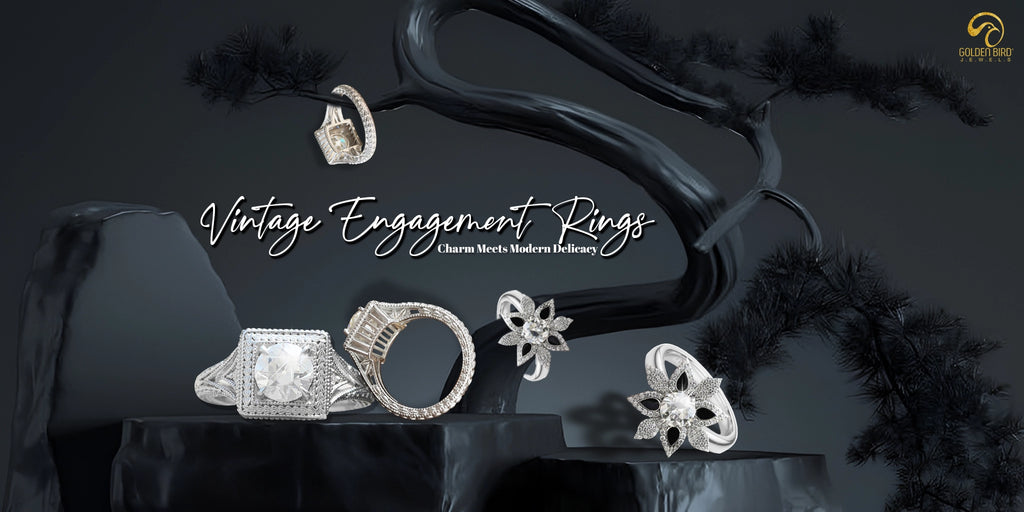 Vinage inspired engagement rings made by golden jewelsr presented with bonsai tree in black theme