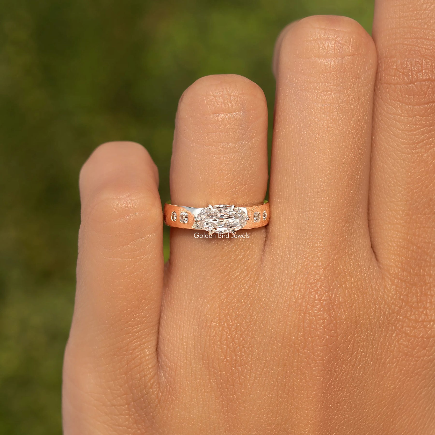 East West Set Old Moval Cut Moissanite Accent  Ring