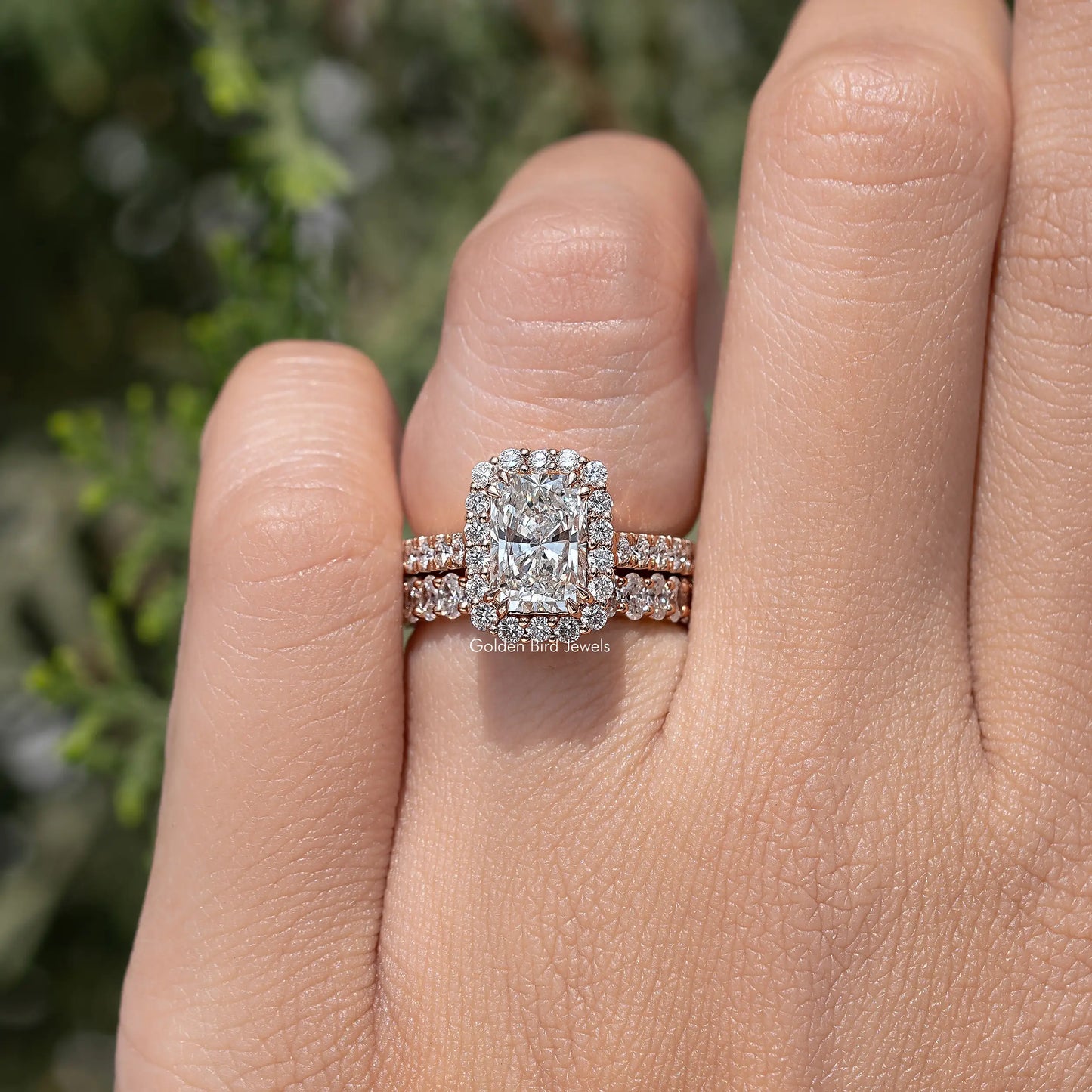 Radiant Cut Lab Diamond Halo Bridal Ring Set