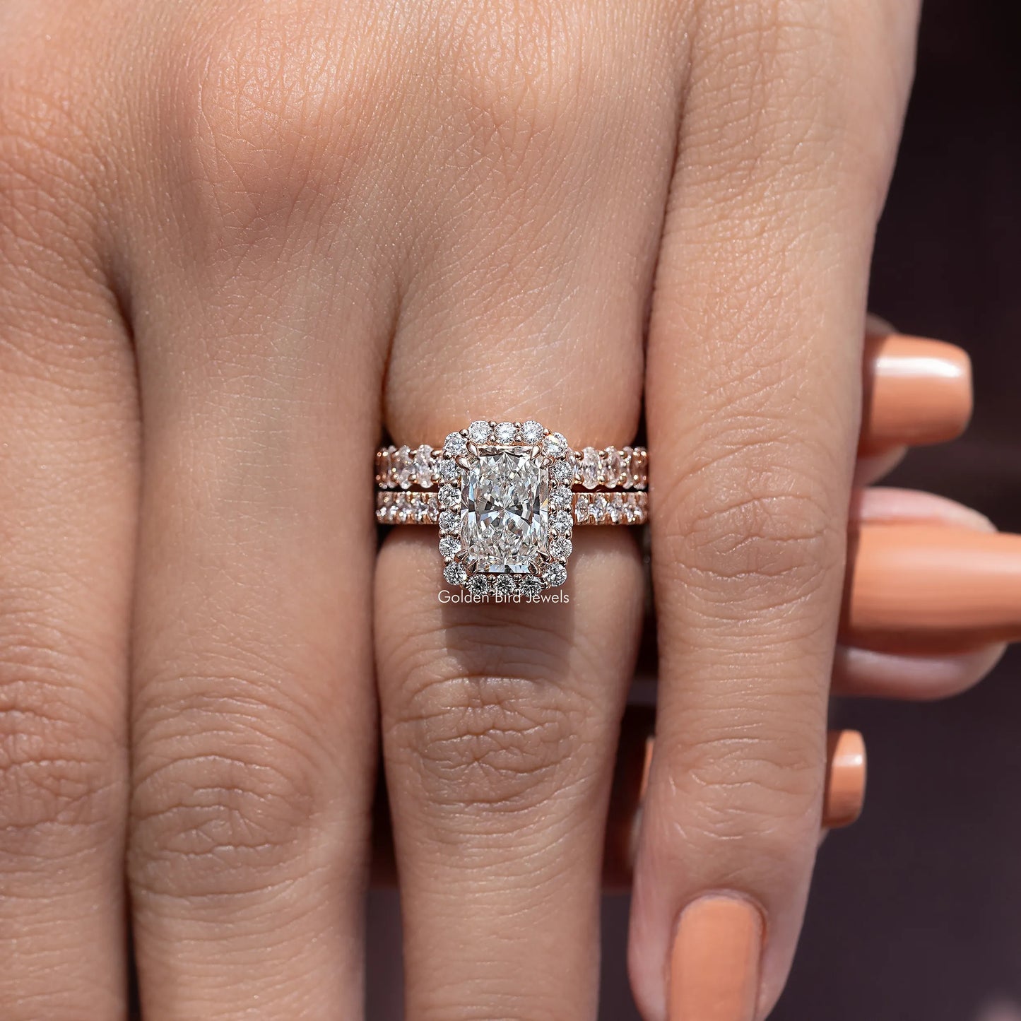 Radiant Cut Lab Diamond Halo Bridal Ring Set