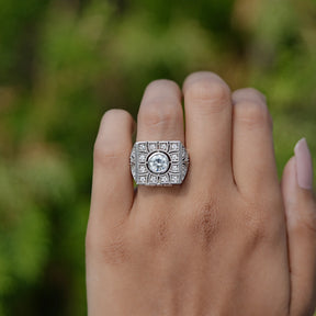 Old European Round Cut Art Deco Square Moissanite Ring