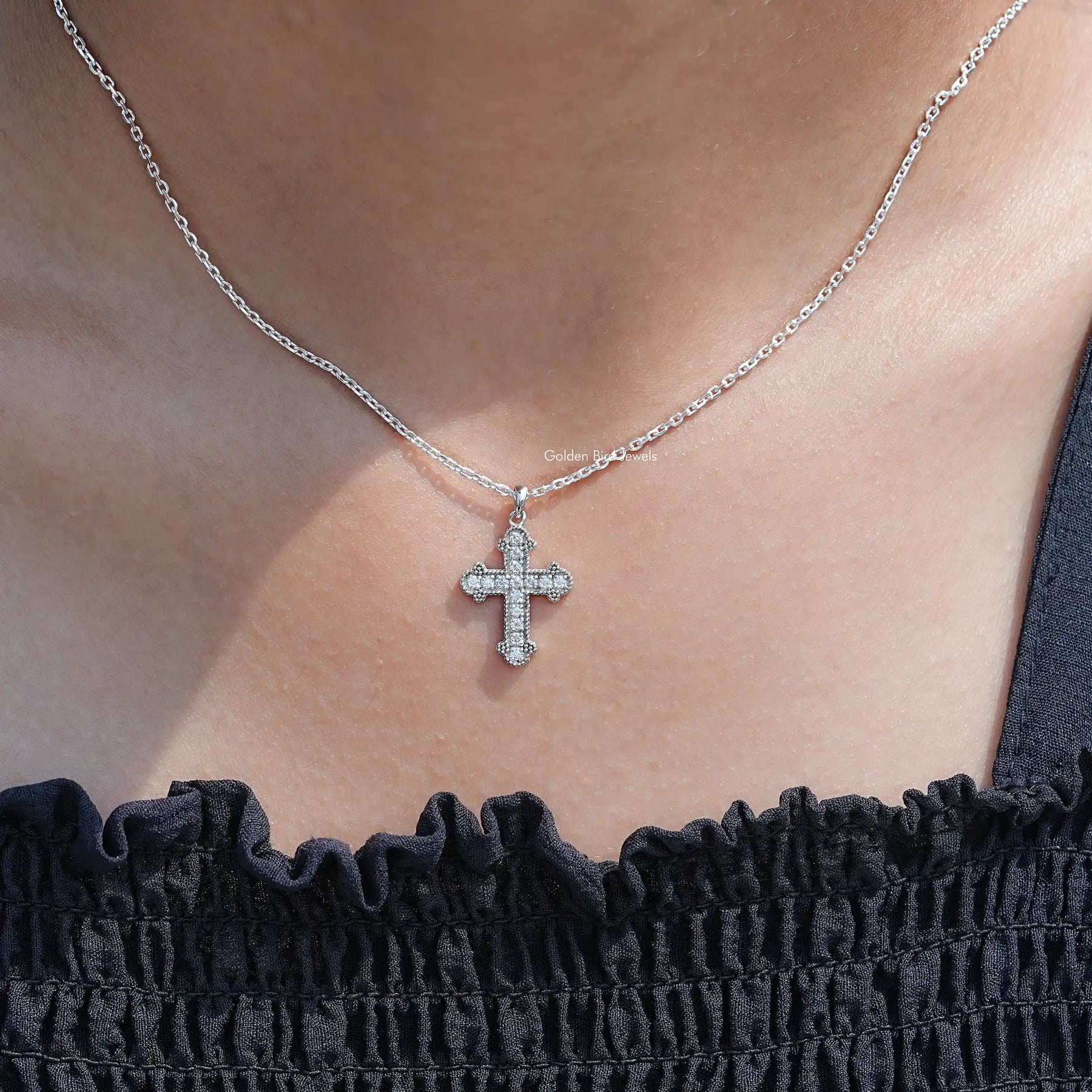 Round Cut Moissanite Encrusted Cross Pendant