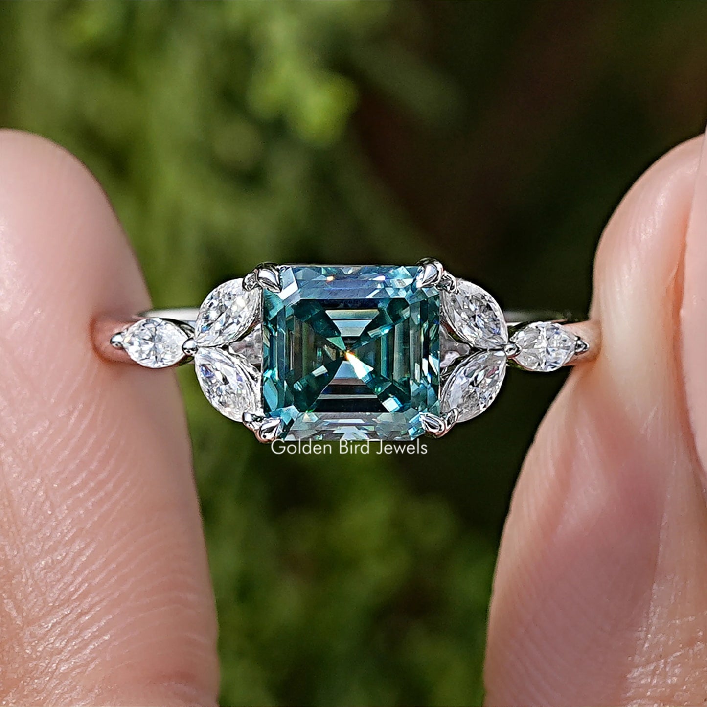Dark Green Asscher Cut Moissanite Gemstone Wedding Ring