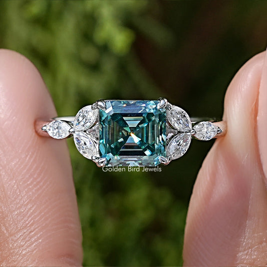Dark Green Asscher Cut Moissanite Gemstone Wedding Ring