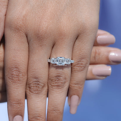 Detailed View of Asscher And Tapered Baguette Lab Diamond Five Stone Ring In White Gold