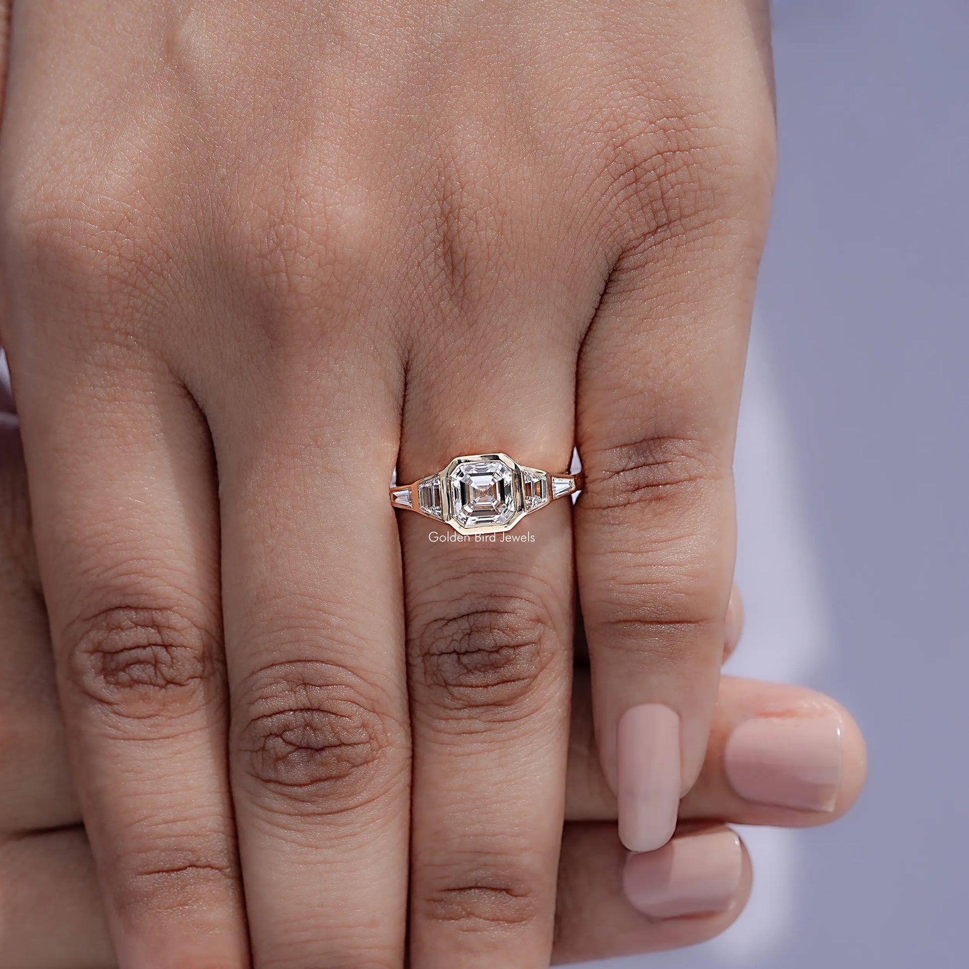 Detailed view of Asscher And Trapezoid Lab Diamond Five Stone Ring