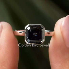 [In two figer front view of dark grey asscher cut engagement ring]-[Golden Bird Jewels]