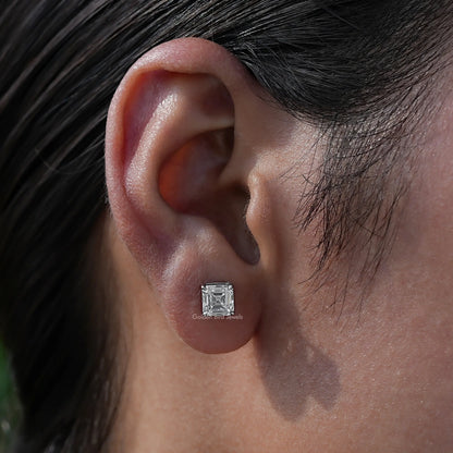 In-Ear view of Asscher Cut lab diamond Stud Earrings
