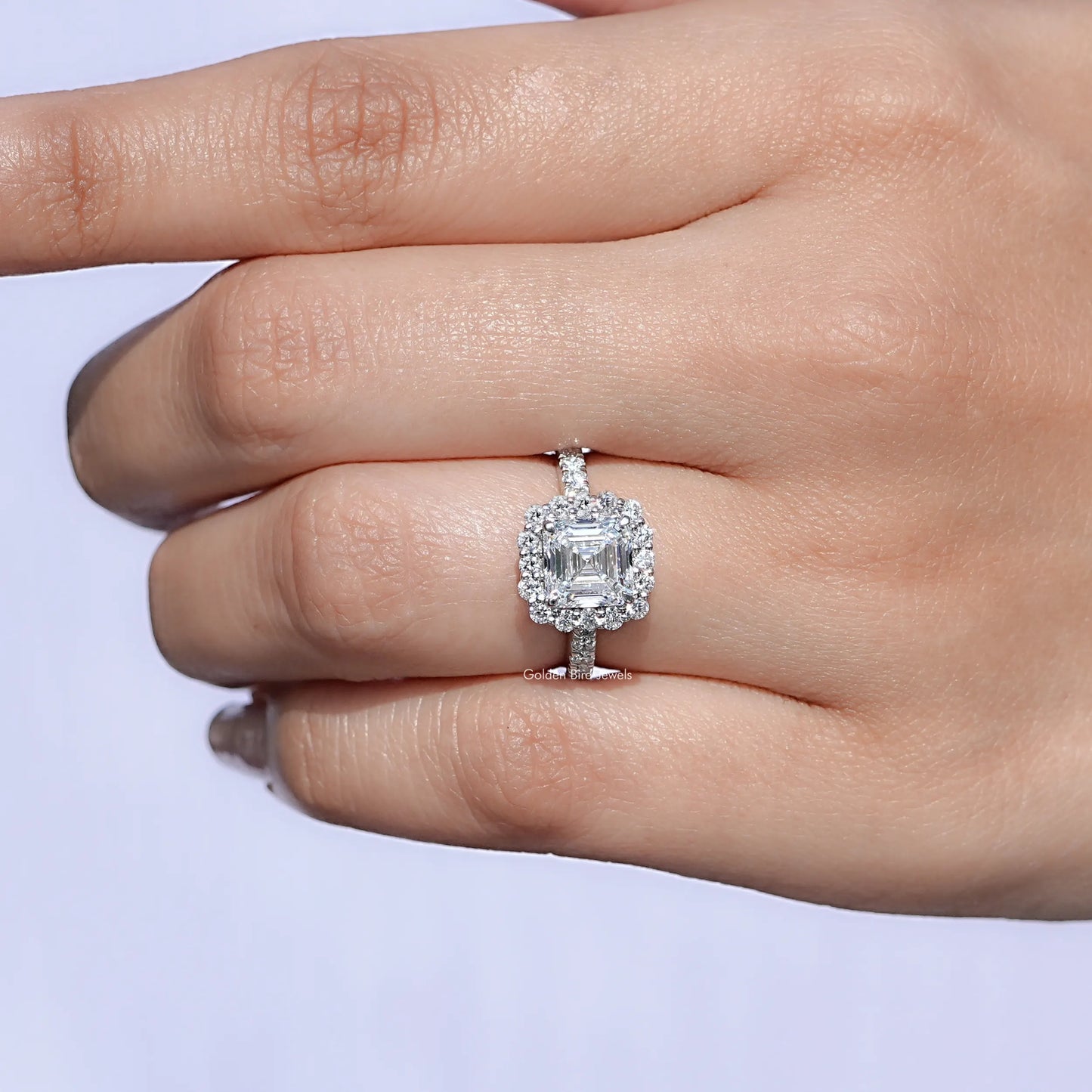 Top view of Asscher Cut Accent Halo Wedding Ring for women 's wear