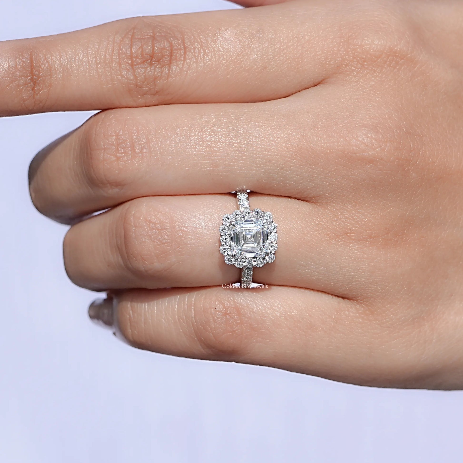 Top view of Asscher Cut Accent Halo Wedding Ring for women 's wear