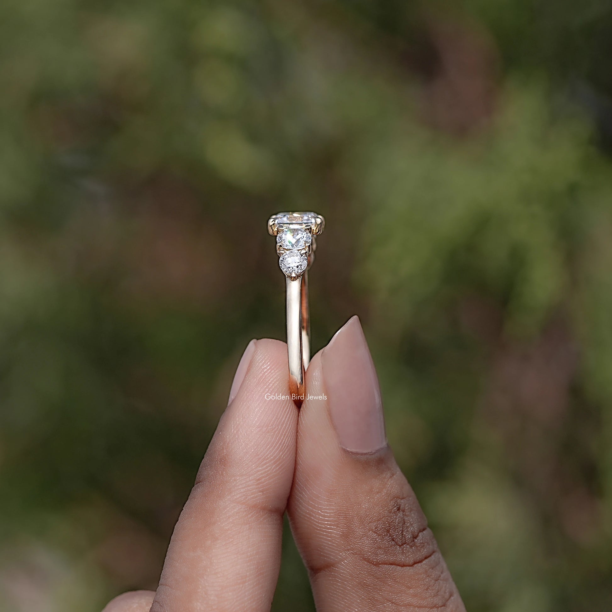 Side View of Asscher Lab Cut Diamond Five Stone Ring