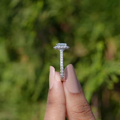 Side View of Asscher Cut Lab Diamond Accent Halo Wedding Ring