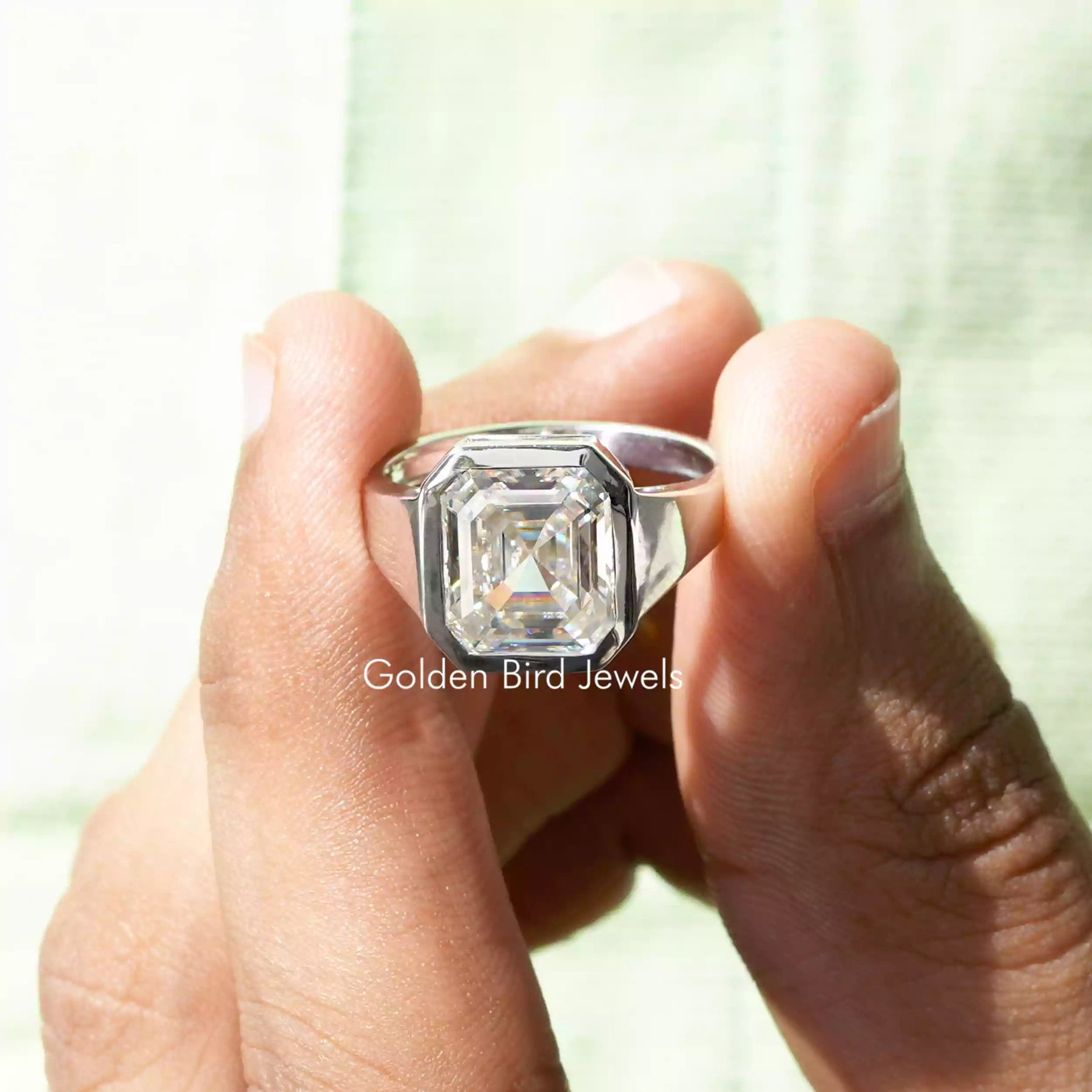 [Asscher Cut Moissanite Bezel Set Solitaire Ring]-[Golden Bird Jewels]