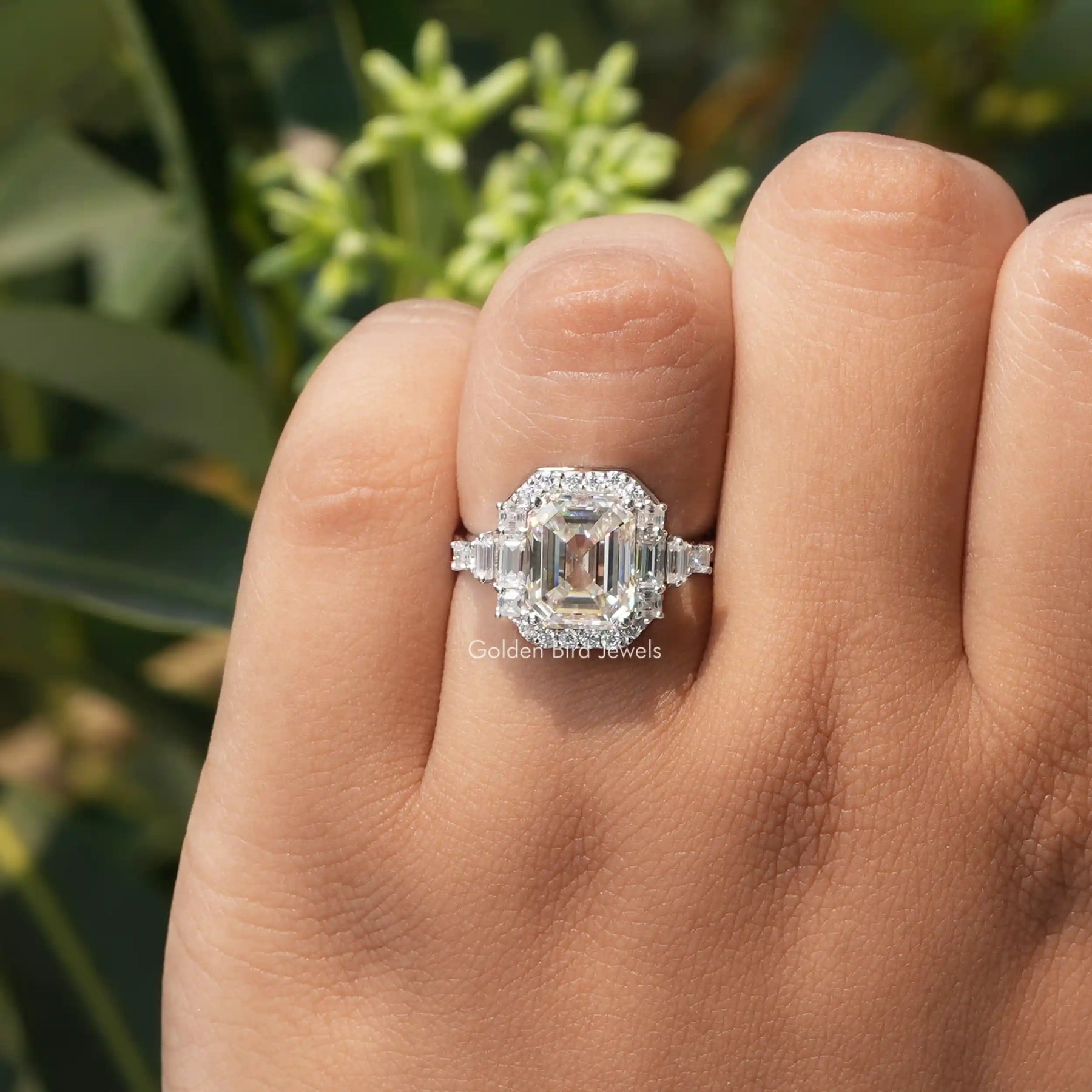 Asscher Cut Moissanite Accent Stone Ring In finger