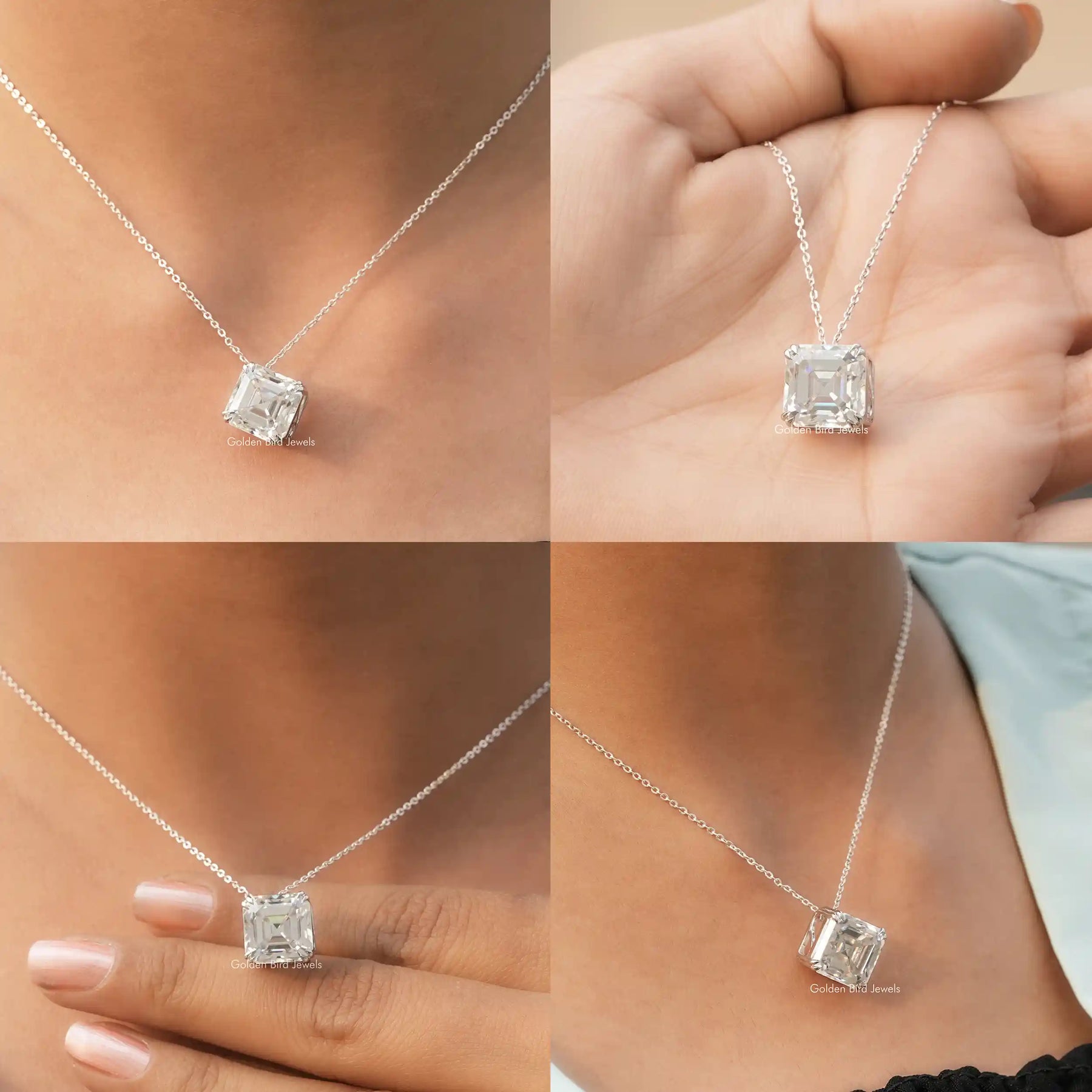 [White Gold Asscher Cut Moissanite Pendant]-[Golden Bird Jewels]