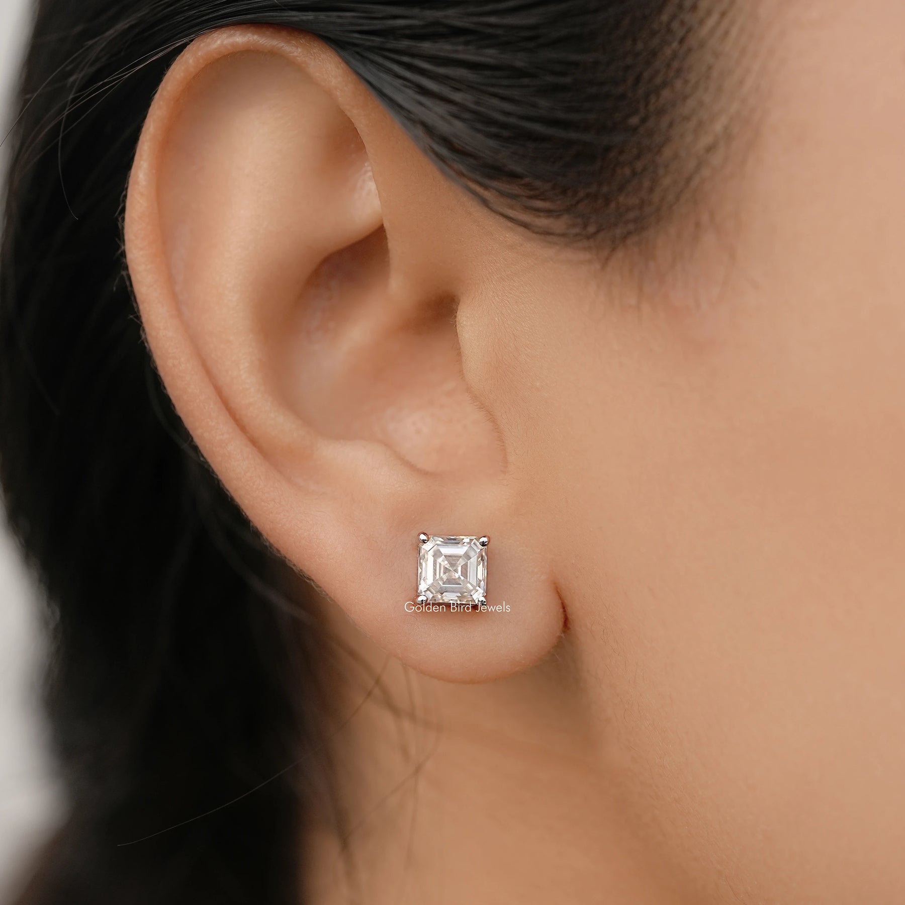 Asscher Cut Moissanite White Gold Stud Earrings