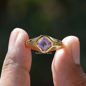 [Asscher Cut Purple Sapphire Men's Ring]-[Golden Bird Jewels]