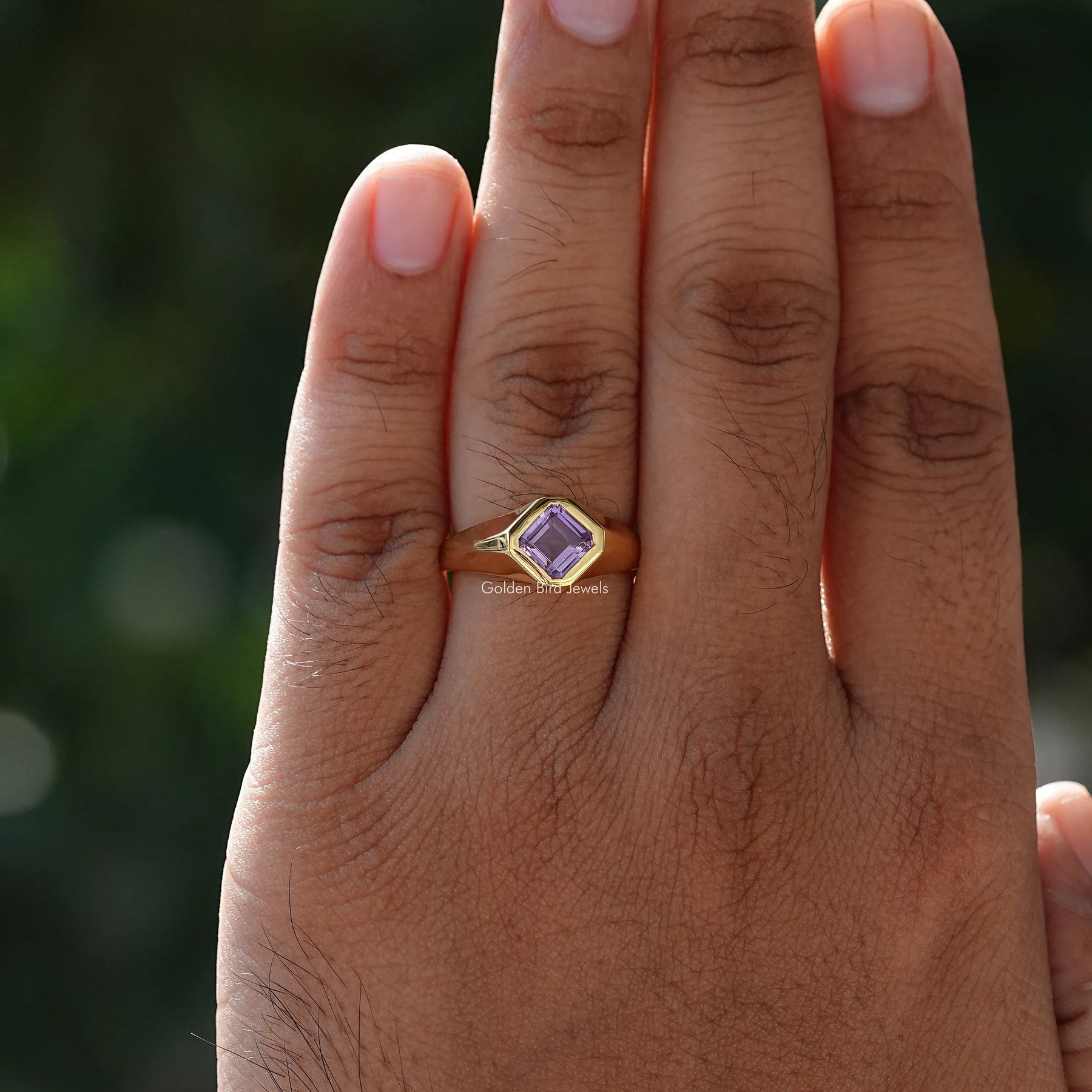 [Asscher Cut Purple Sapphire Men's Ring]-[Golden Bird Jewels]