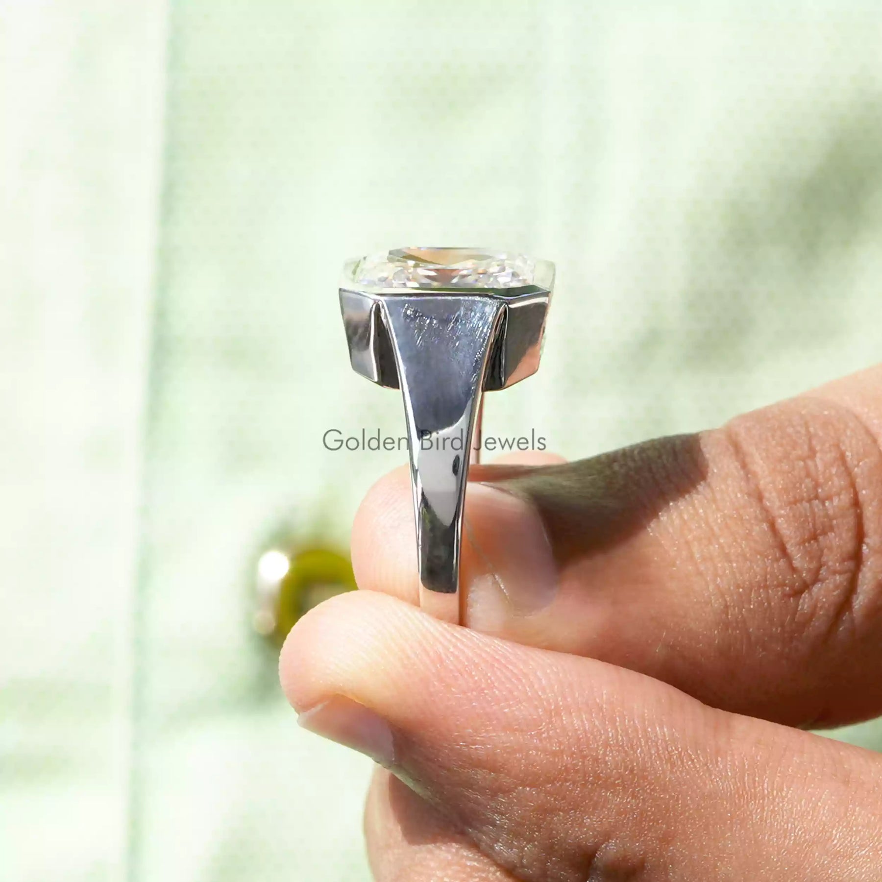 [White Gold Asscher Cut Bezel Set Ring]-[Golden Bird Jewels]