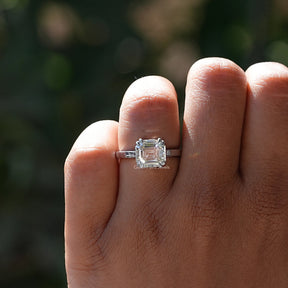 [Moissanite Asscher Cut Solitaire White Gold Ring]-[Golden Bird Jewels]