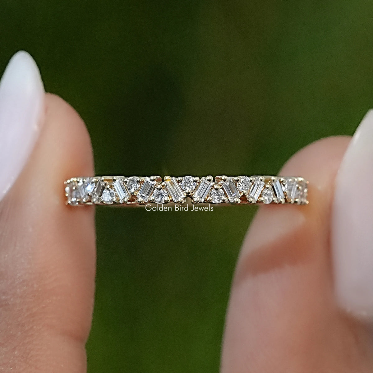 Gold-tone half eternity band ring with baguette and round lab diamonds