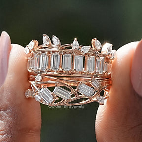 Front view of Baguette Cut Moissanite Bridal Ring Set in two fingers
