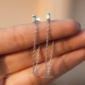 [White Gold Baguette Cut Moissanite Earrings]-[Golden Bird Jewels]