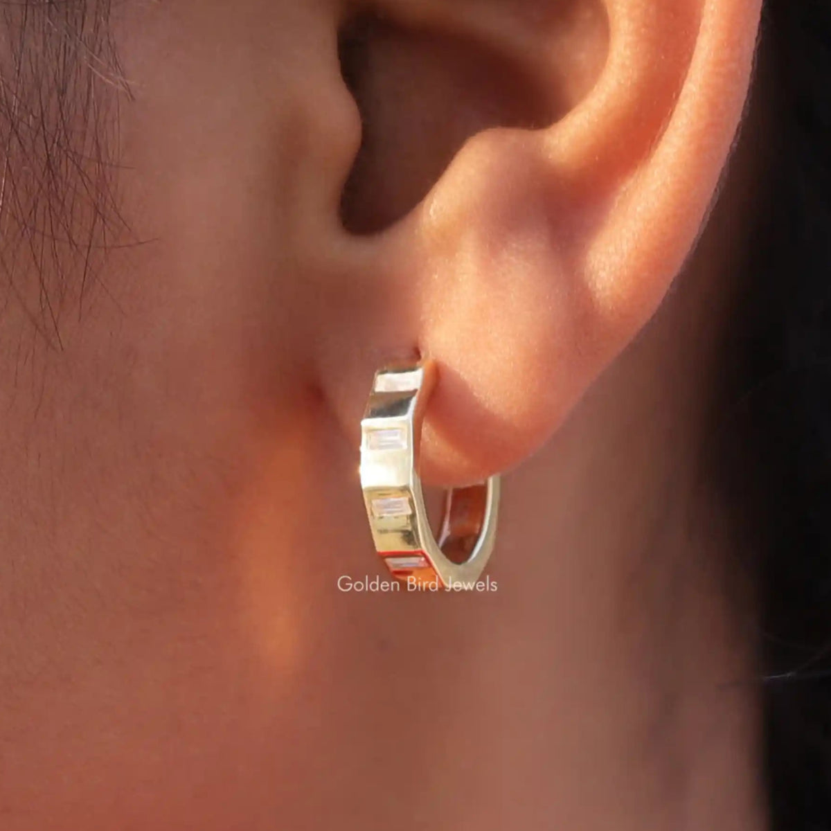 [Yellow Gold Baguette Cut Moissanite Earrings]-[Golden Bird Jewels]
