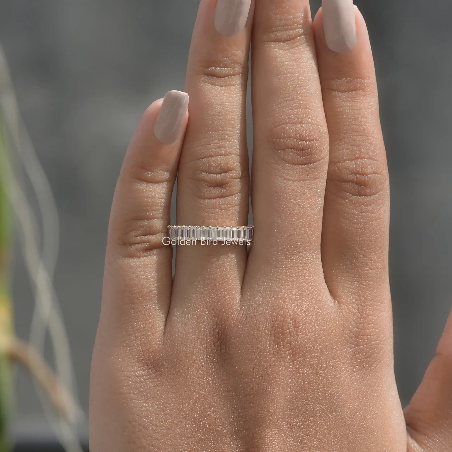 [Hand Made Baguette Cut Moissanite Eternity Band Made In 14k Yellow Gold]-[Golden Bird Jewels]