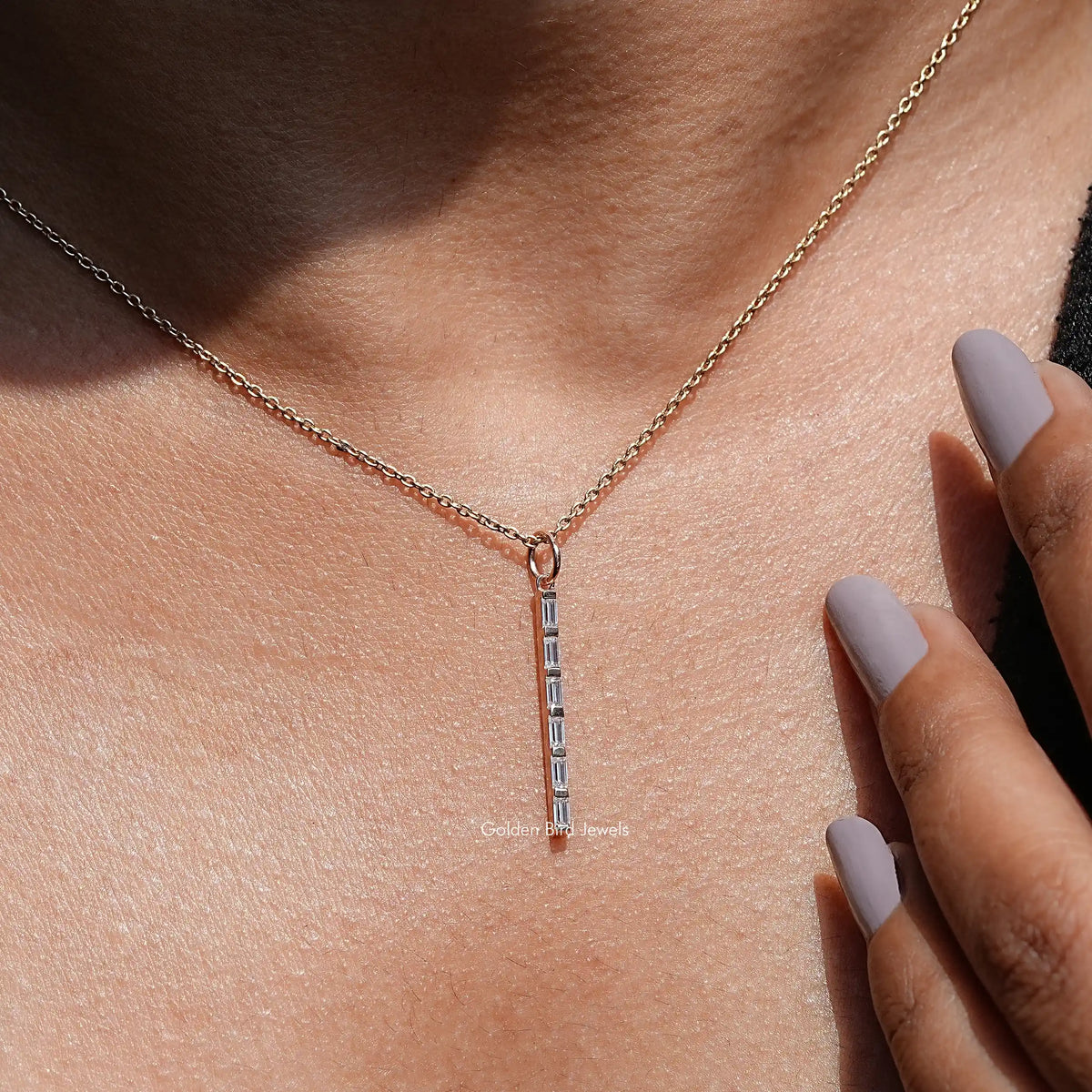 Baguette Cut Moissanite Vertical and Minimalist Bar Pendant