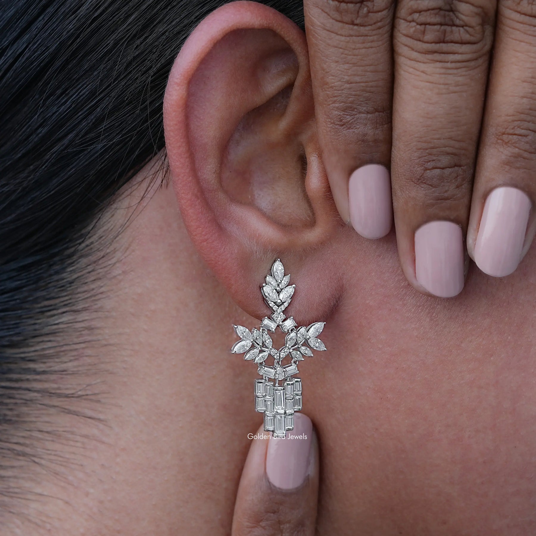 [White Gold Baguette Cut Chandelier Earrings]-[Golden Bird Jewels]